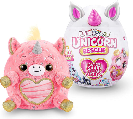 Rainbocorns Unicorn Rescue Surprise, DJ - Pelúcia colecionável - Ovo gigante, mais de 25 surpresas dentro, 35 cm, bicho de pelúcia fofinho, anéis, adesivos, acessórios vestíveis (DJ Unicorn)