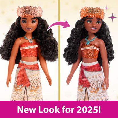 Mattel Bonecas Disney Princess da , Boneca Fashion Articulada Moana com Roupa e Acessórios Brilhantes, Brinquedos do Filme da Disney, HLW05, Traje Laranja | Visual Fashion Brilhante com Saia, Tiara e Colar Removíveis, Articulada e Colecionável,