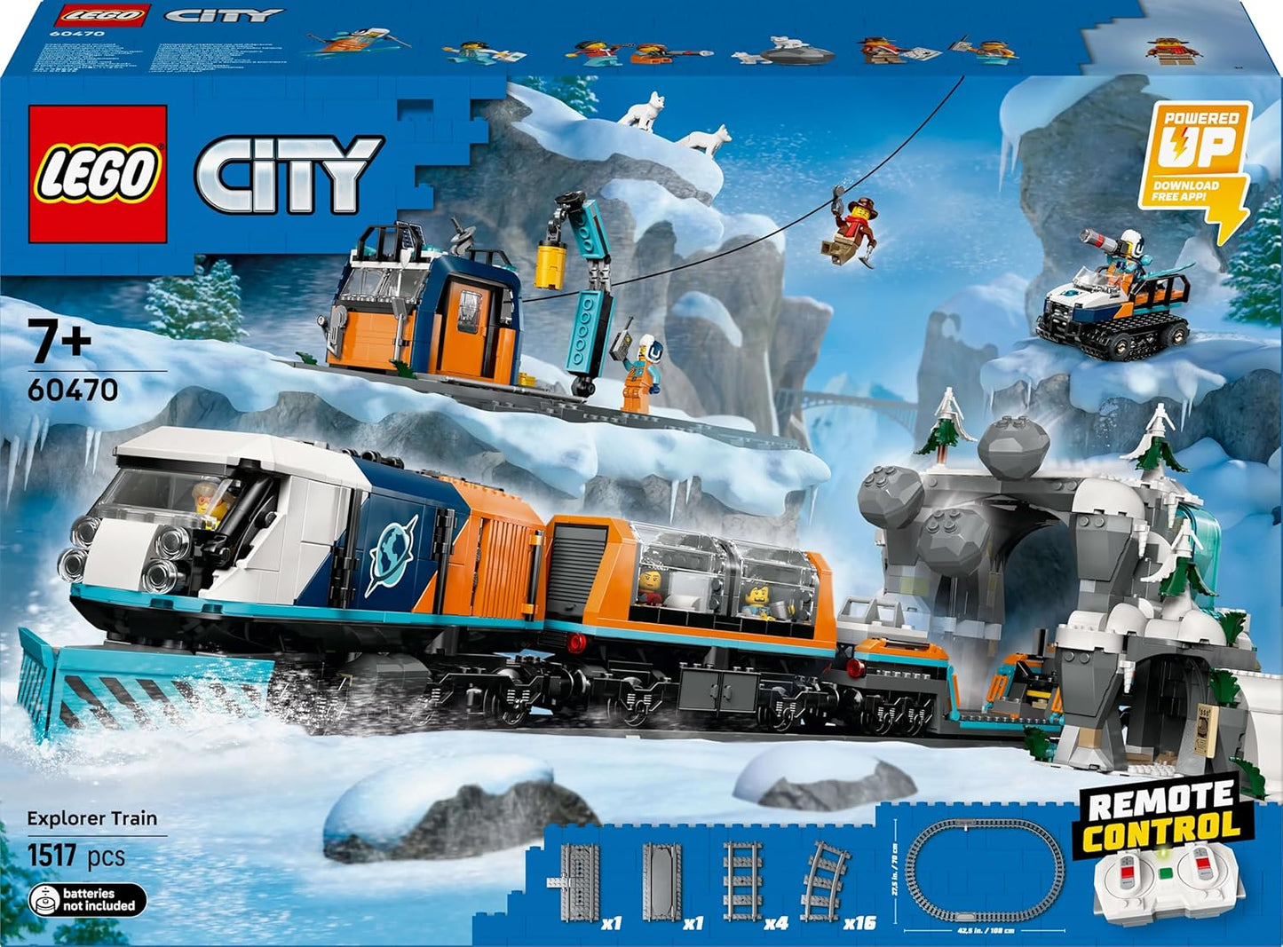 LEGO Conjunto de Trem Expresso Polar Ártico City Explorers - Inclui um Trem de Controle Remoto, Limpa-Neve, 22 Peças de Trilho e 6 Minifiguras, Além de uma Função de Queda de Rochas - Presente para Meninos a partir de 7 Anos - 60470