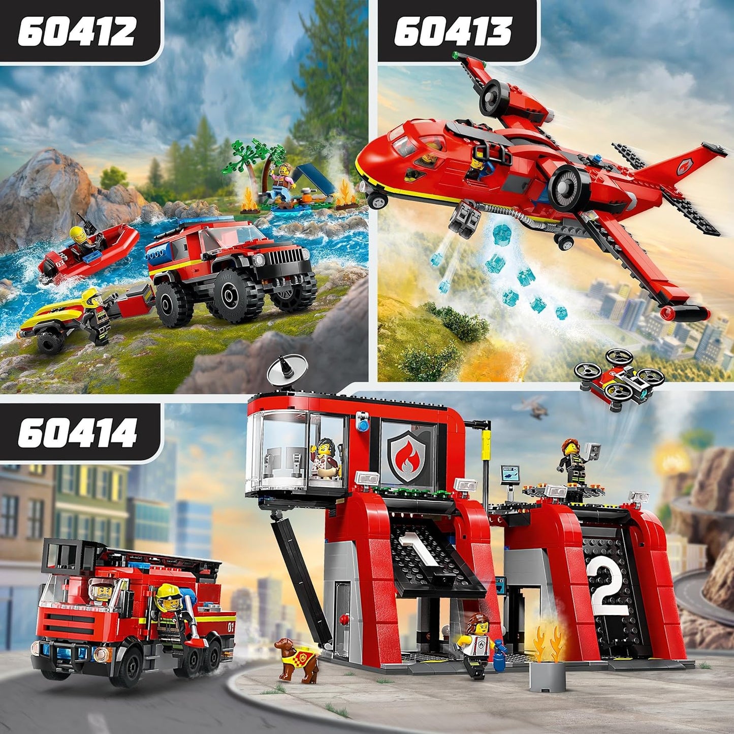 LEGO Carro de bombeiros City 4x4 com brinquedos de construção de barco de resgate para meninos e meninas de mais de 5 anos, conjunto de brincadeiras imaginativas inclui um bote, trailer, barraca, trailer