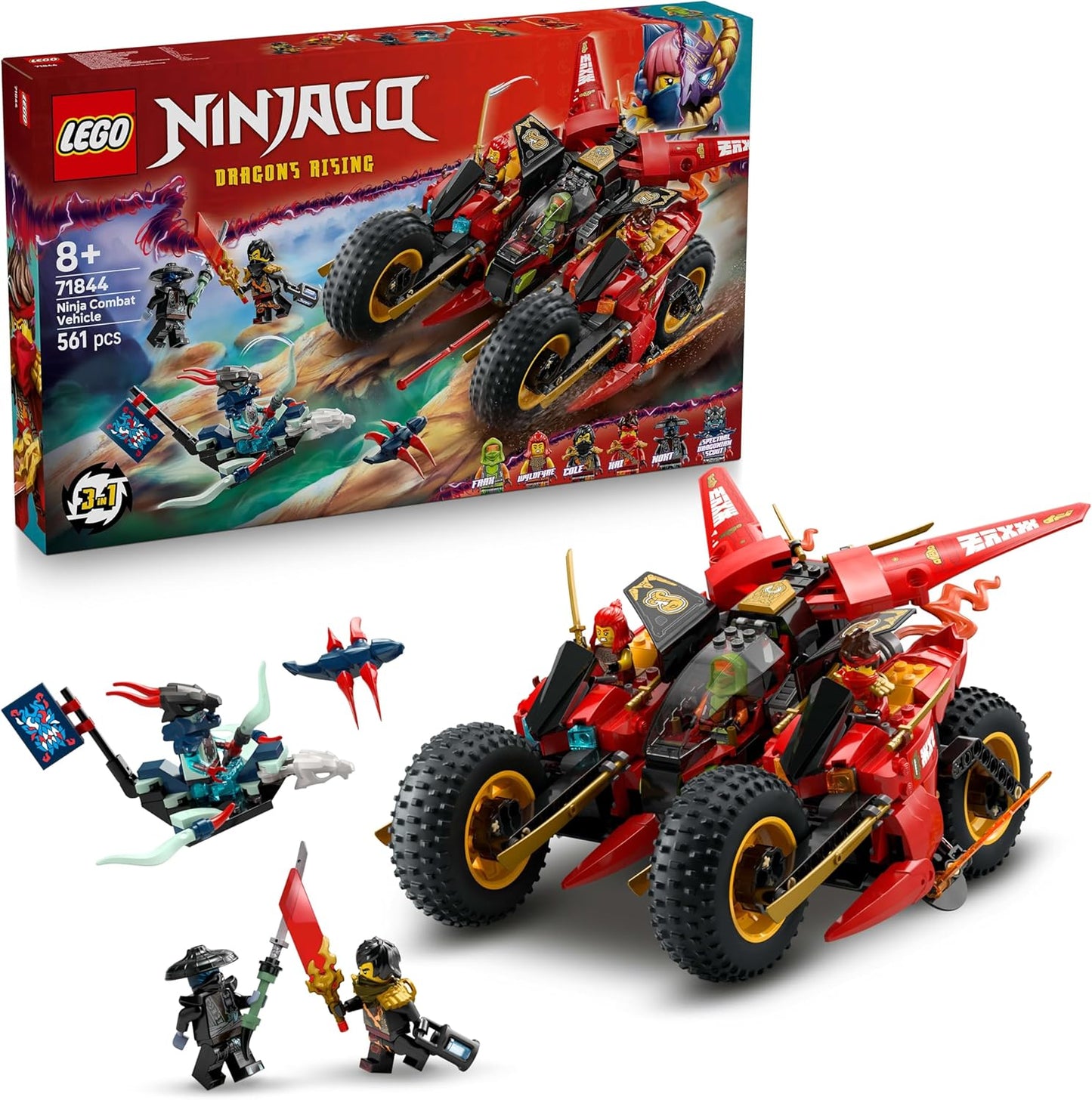 LEGO NINJAGO Veículo de Combate Ninja - Transforma-se em 2 Motos Ninja e um Avião a Jato - 6 Minifiguras incluindo Kai e Cole - Presente de Aniversário Dragons Rising para Meninos a partir de 8 Anos - 71844