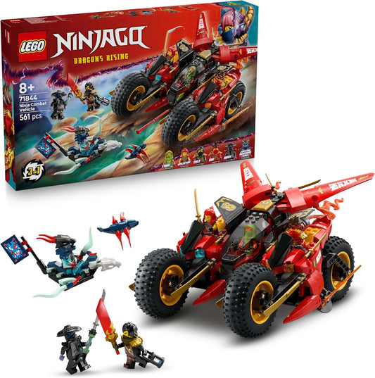 LEGO NINJAGO Veículo de Combate Ninja - Transforma-se em 2 Motos Ninja e um Avião a Jato - 6 Minifiguras incluindo Kai e Cole - Presente de Aniversário Dragons Rising para Meninos a partir de 8 Anos - 71844