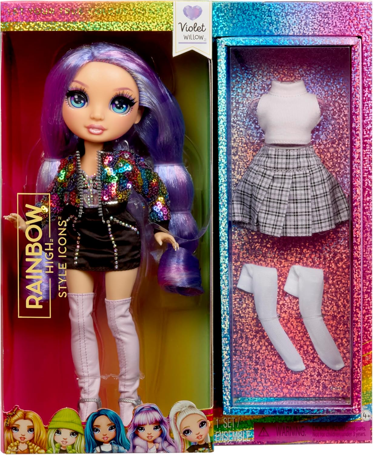 Rainbow High Style Icons Violet - Boneca Fashion de 28cm com Cabelo Longo e Penteável, Acompanha um Segundo Conjunto Combinando e um Segundo Par de Sapatos, Flexível com 13 Pontos de Articulação.