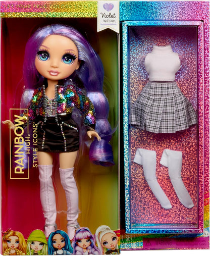 Rainbow High Style Icons Violet - Boneca Fashion de 28cm com Cabelo Longo e Penteável, Acompanha um Segundo Conjunto Combinando e um Segundo Par de Sapatos, Flexível com 13 Pontos de Articulação.