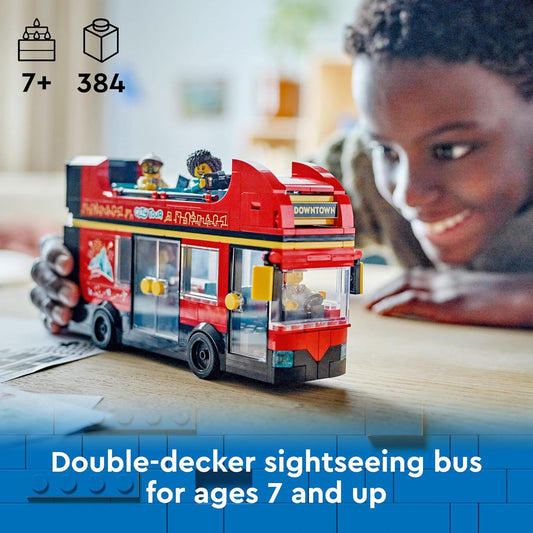 LEGO Brinquedo de ônibus turístico de dois andares City Red, veículo vermelho para meninos e meninas de 7 anos ou mais, conjunto criativo com 5 minifiguras, incluindo um bebê e um carrinho, ideia de presente de aniversário 60407