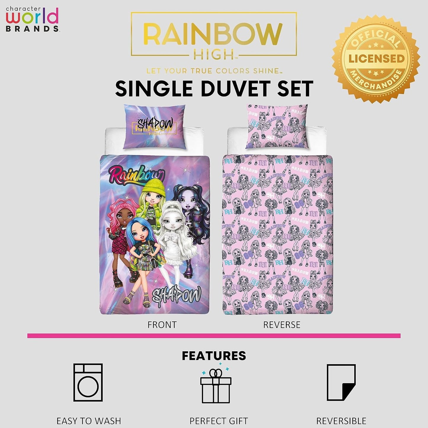 Conjunto de capa de edredom de solteiro oficial da Character World Rainbow High | Design das bonecas Shadow High | Roupa de cama reversível com fronha combinando | Conjunto para cama de solteiro