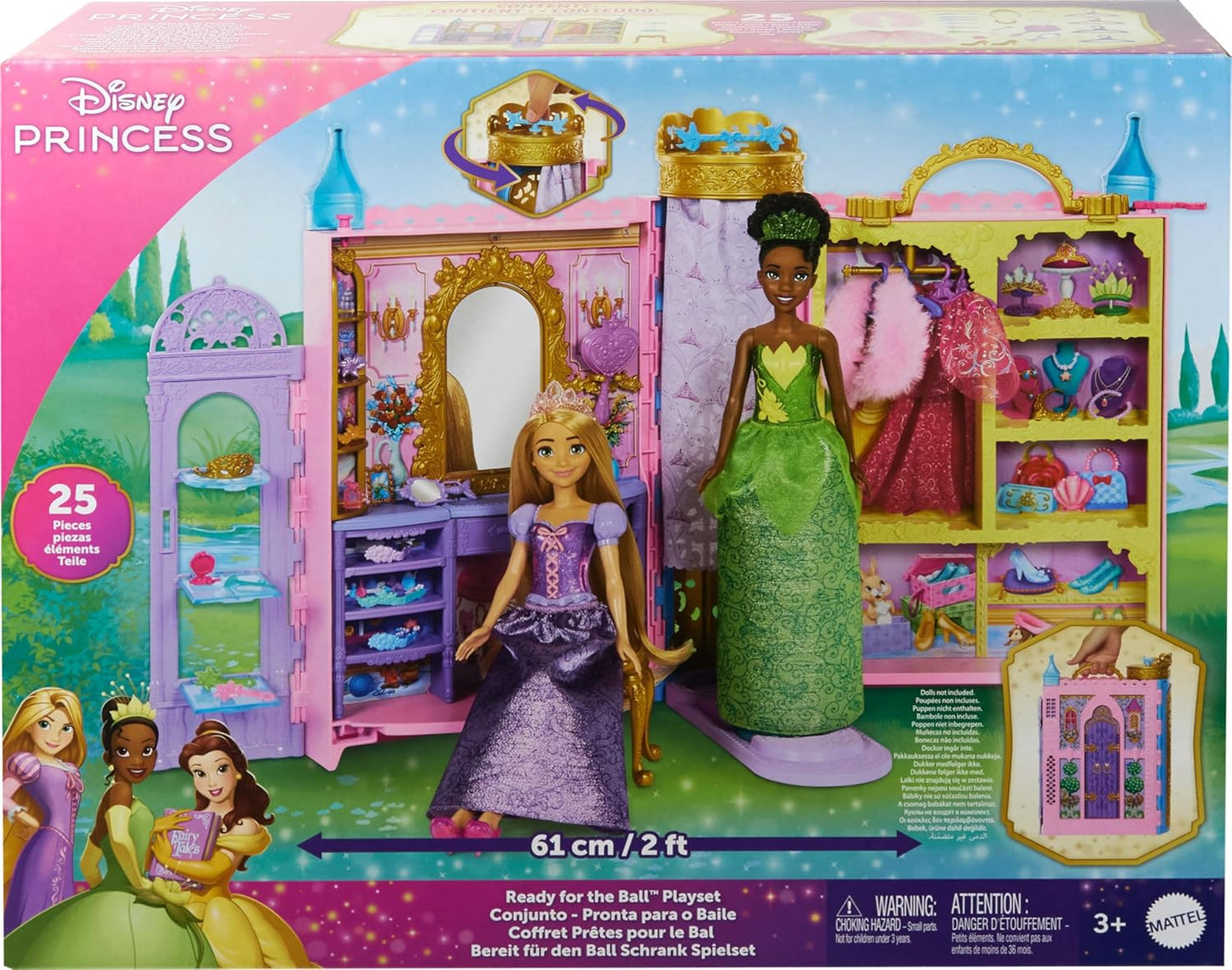 Mattel Conjunto de Brinquedo Closet das Princesas Disney da – Inclui 2 Looks, 25 Acessórios, Penteadeira, Provador, Passarela e Espaço de Armazenamento; Abre até 60 cm de Largura; Inspirado nos Filmes da Disney