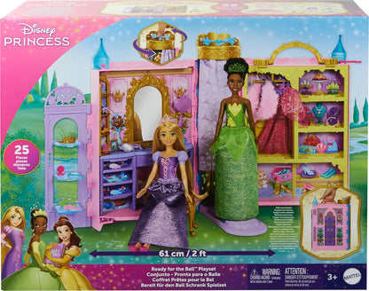 Mattel Conjunto de Brinquedo Closet das Princesas Disney da – Inclui 2 Looks, 25 Acessórios, Penteadeira, Provador, Passarela e Espaço de Armazenamento; Abre até 60 cm de Largura; Inspirado nos Filmes da Disney