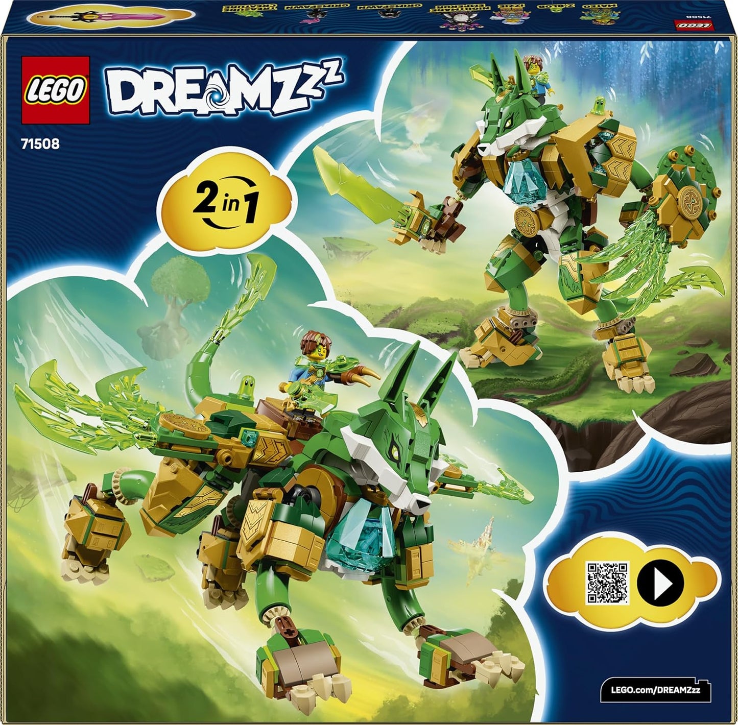 LEGO DREAMZzz 2 em 1 Raposa Guardiã Mecânica - Figura de Ação que se Transforma em uma Raposa Guerreira - Inclui 3 Minifiguras e uma Criatura Verde Colecionável do Tesouro - Presente para Meninos a partir de 9 Anos - 71508