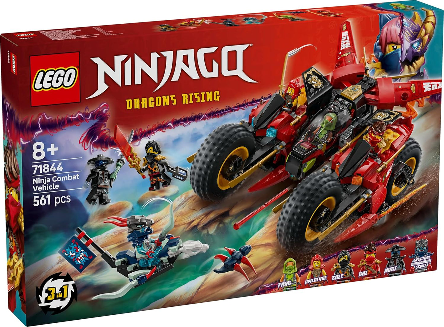 LEGO NINJAGO Veículo de Combate Ninja - Transforma-se em 2 Motos Ninja e um Avião a Jato - 6 Minifiguras incluindo Kai e Cole - Presente de Aniversário Dragons Rising para Meninos a partir de 8 Anos - 71844