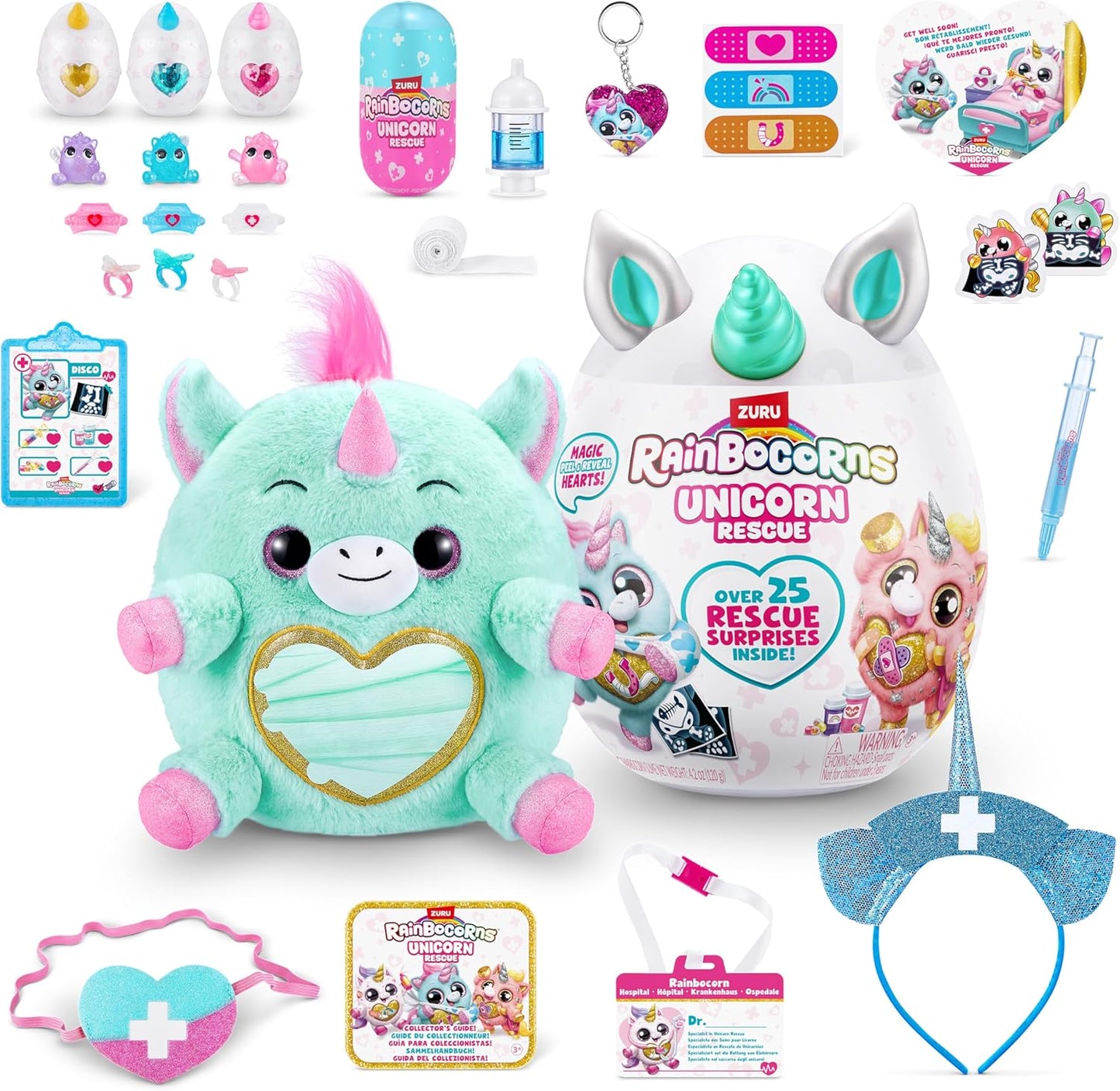 Rainbocorns Unicorn Rescue Surprise, Disco - Pelúcia colecionável - Ovo gigante, mais de 25 surpresas dentro, 35 cm, bicho de pelúcia fofinho, anéis, adesivos, acessórios vestíveis (unicórnio disco)