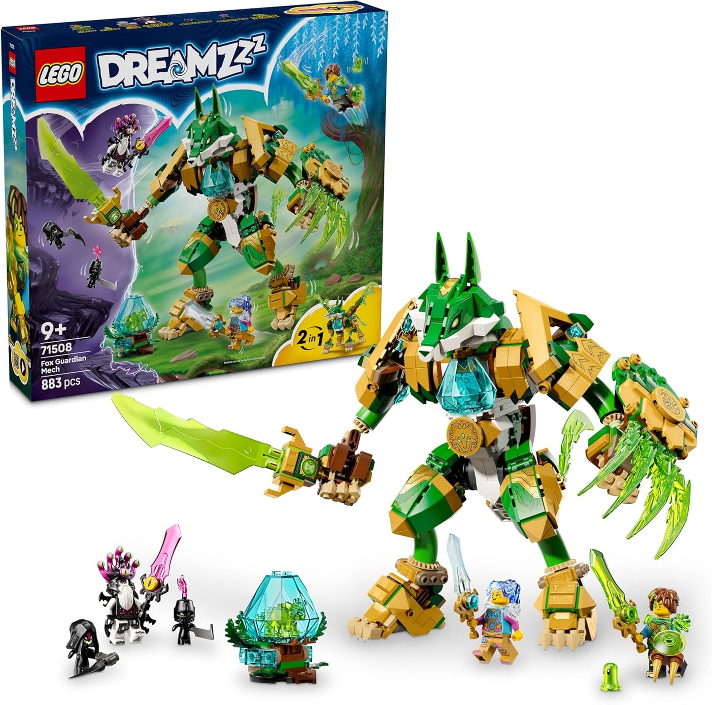 LEGO DREAMZzz 2 em 1 Raposa Guardiã Mecânica - Figura de Ação que se Transforma em uma Raposa Guerreira - Inclui 3 Minifiguras e uma Criatura Verde Colecionável do Tesouro - Presente para Meninos a partir de 9 Anos - 71508
