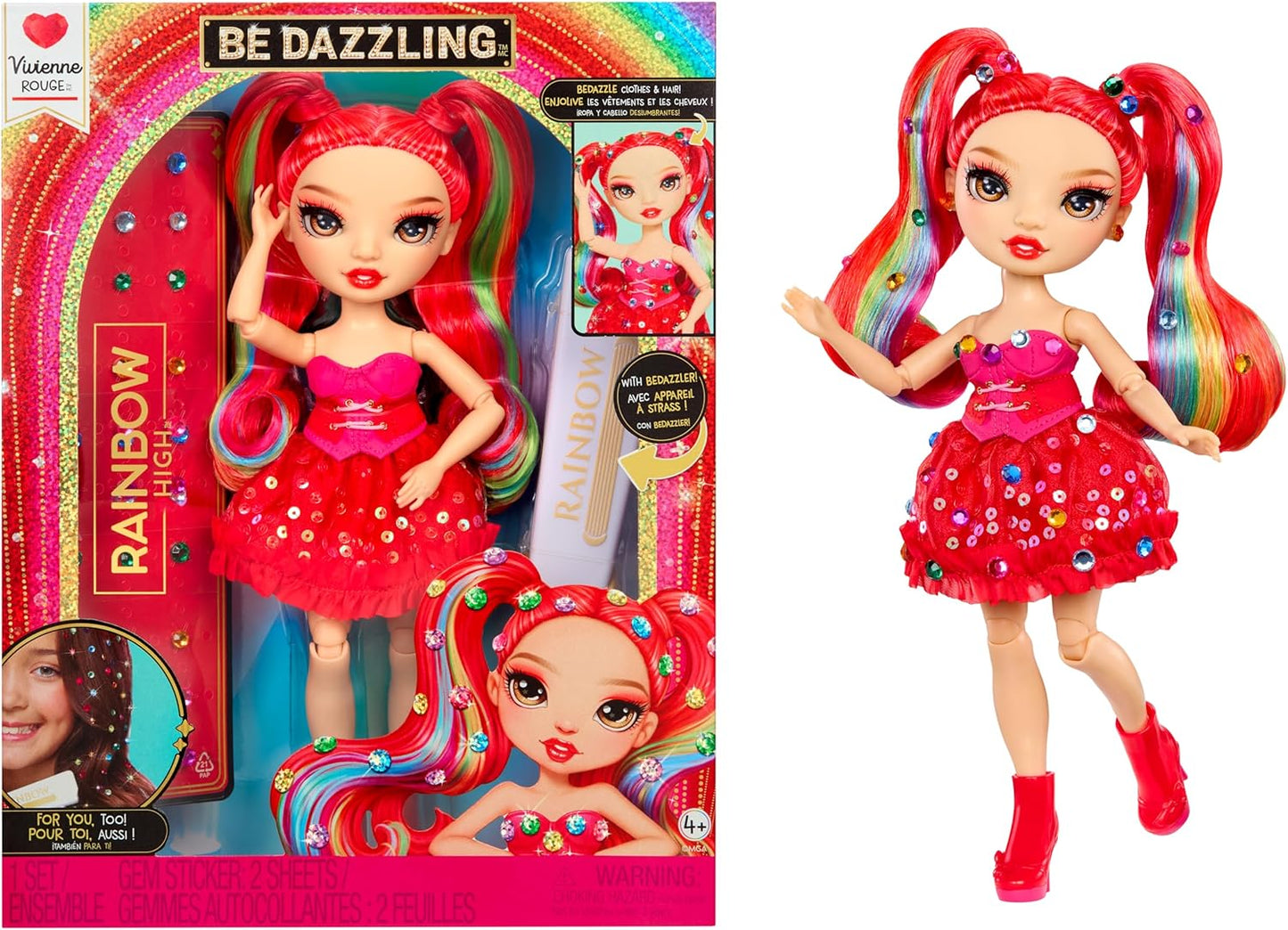 Rainbow High Be Dazzling - Vivienne Rouge - Boneca Fashion Vermelha de 28cm com Ferramenta para Aplicar Glitter, Pedras Brilhantes e Acessórios de Estilo