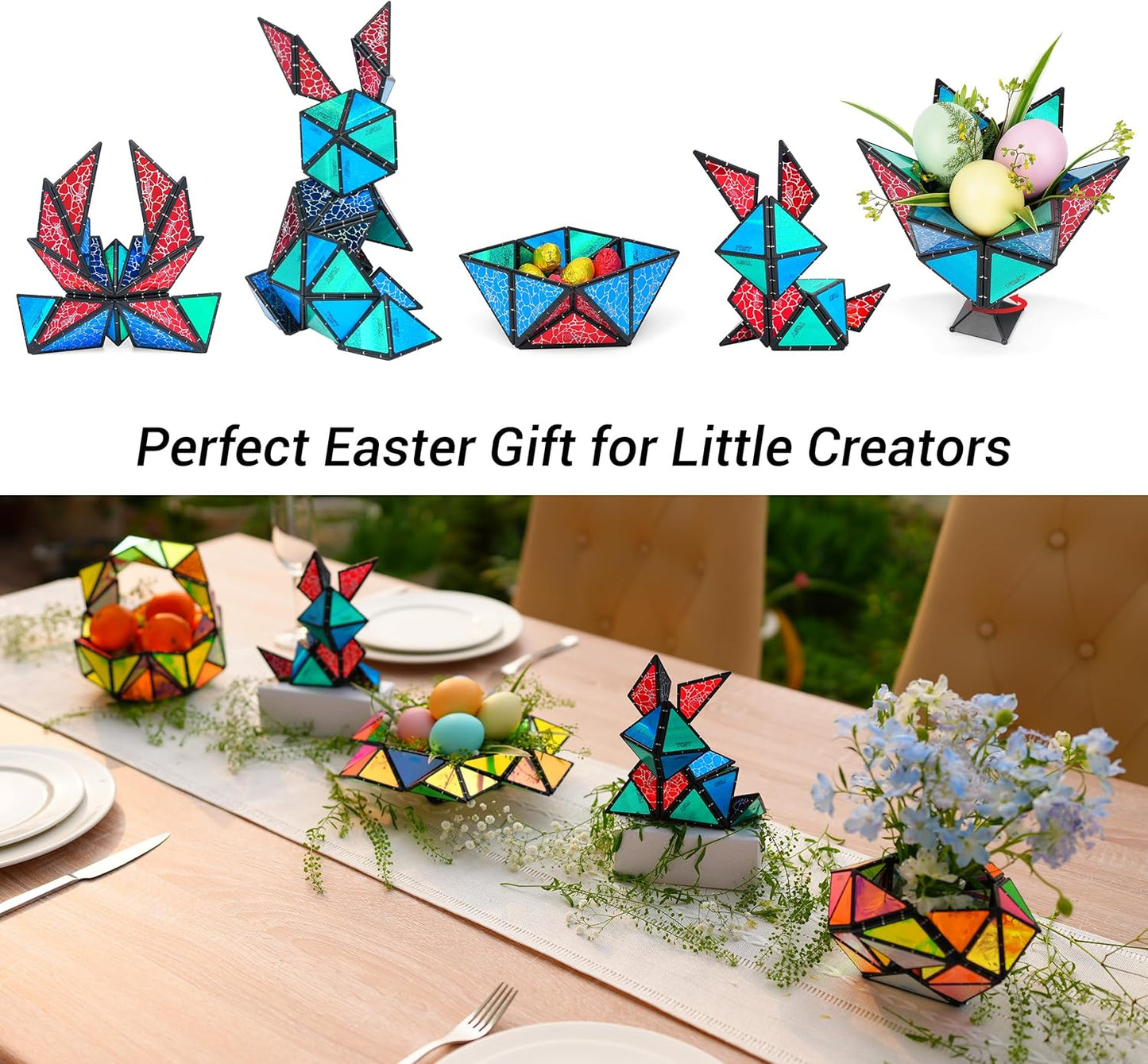 TOSY Pirâmide Magnética de Pedra - 1 Cubo que se Transforma em 1 Bilhão de Formas (Coelho, Cesta de Ovos, Flores, Coração), Presente de Páscoa/Aniversário, 12 peças, 243 Ímãs, Design Holográfico, Quebra-Cabeça/Brinquedo STEM