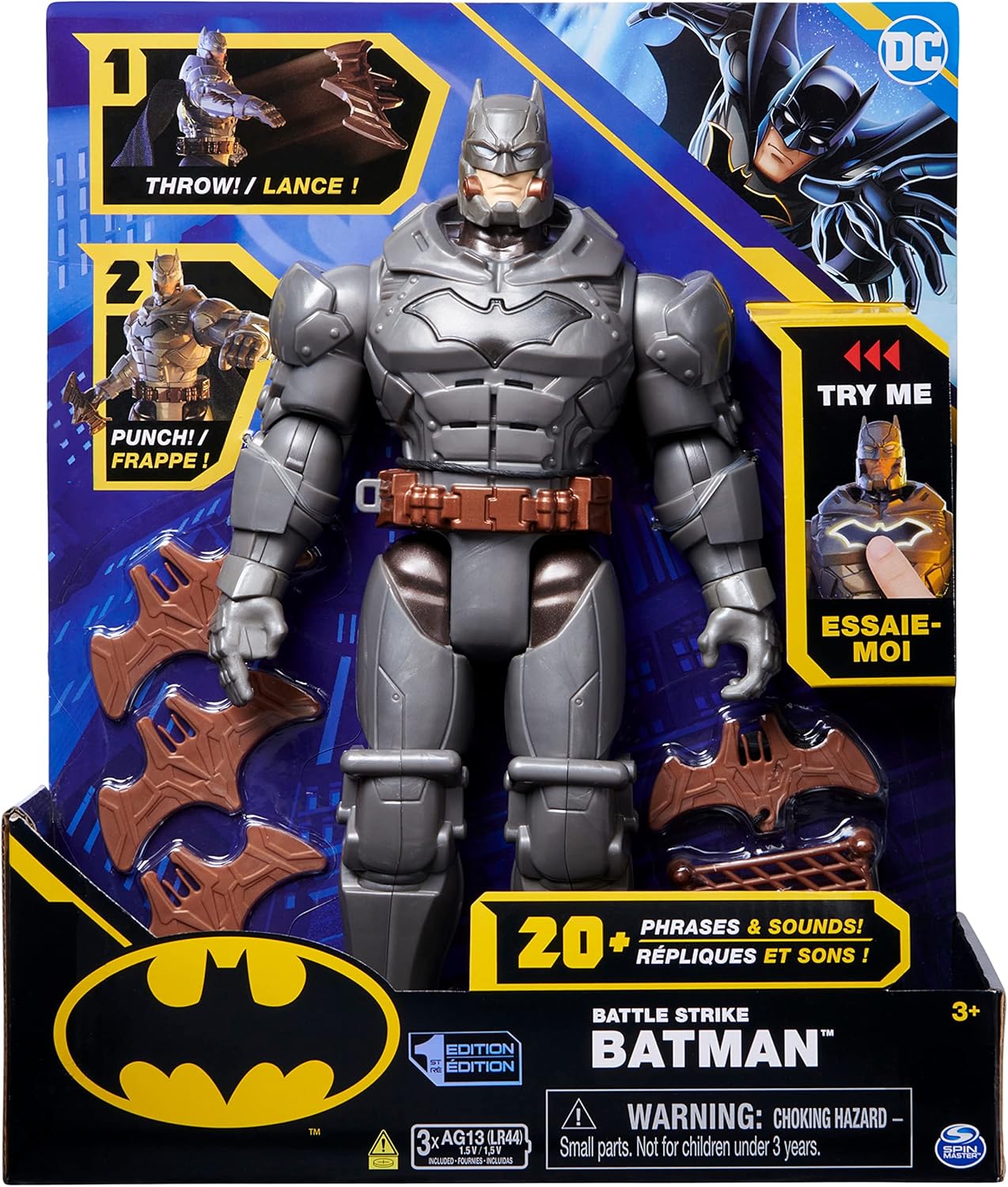 BATMAN DC Comics, Battle Strike Batman Figura de ação de 12 polegadas, mais de 20 frases e sons, brinquedos colecionáveis para crianças para meninos e meninas de 3 anos ou mais