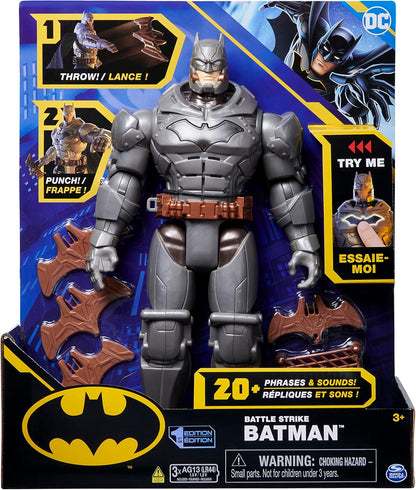BATMAN DC Comics, Battle Strike Batman Figura de ação de 12 polegadas, mais de 20 frases e sons, brinquedos colecionáveis para crianças para meninos e meninas de 3 anos ou mais