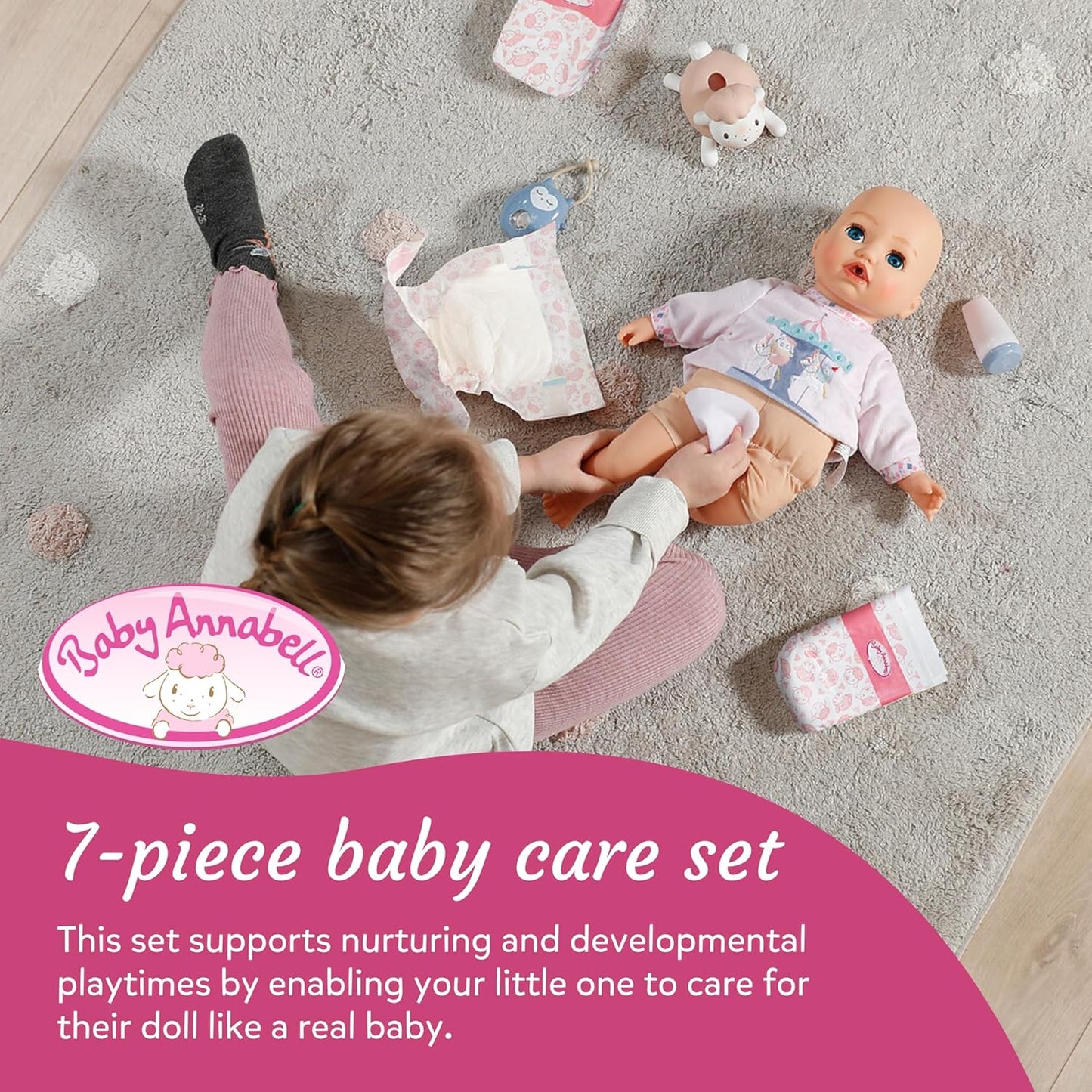 Baby Annabell Kit de Cuidados para Bebê Conjunto de acessórios para boneca com 7 peças - Inclui fraldas, porta-lenços umedecidos, creme e mamadeiras de brinquedo, Para bonecas de 36 cm e 43 cm Indicado para crianças a partir de 3 anos