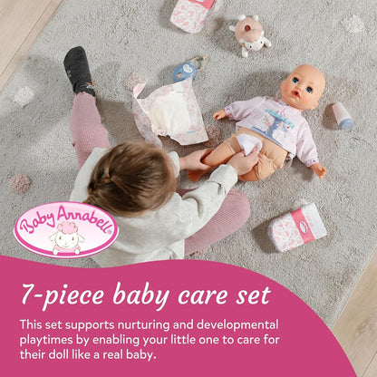 Baby Annabell Kit de Cuidados para Bebê Conjunto de acessórios para boneca com 7 peças - Inclui fraldas, porta-lenços umedecidos, creme e mamadeiras de brinquedo, Para bonecas de 36 cm e 43 cm Indicado para crianças a partir de 3 anos