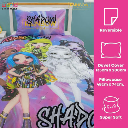 Conjunto de capa de edredom de solteiro oficial da Character World Rainbow High | Design das bonecas Shadow High | Roupa de cama reversível com fronha combinando | Conjunto para cama de solteiro