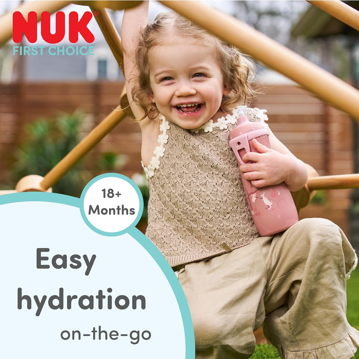 NUK Garrafa de Água First Choice Push-Pull para Crianças | 18+ Meses | 300 ml | Bico Resistente a Mordidas | Garrafa Antivazamento | Coala Rosa | 1 Unidade