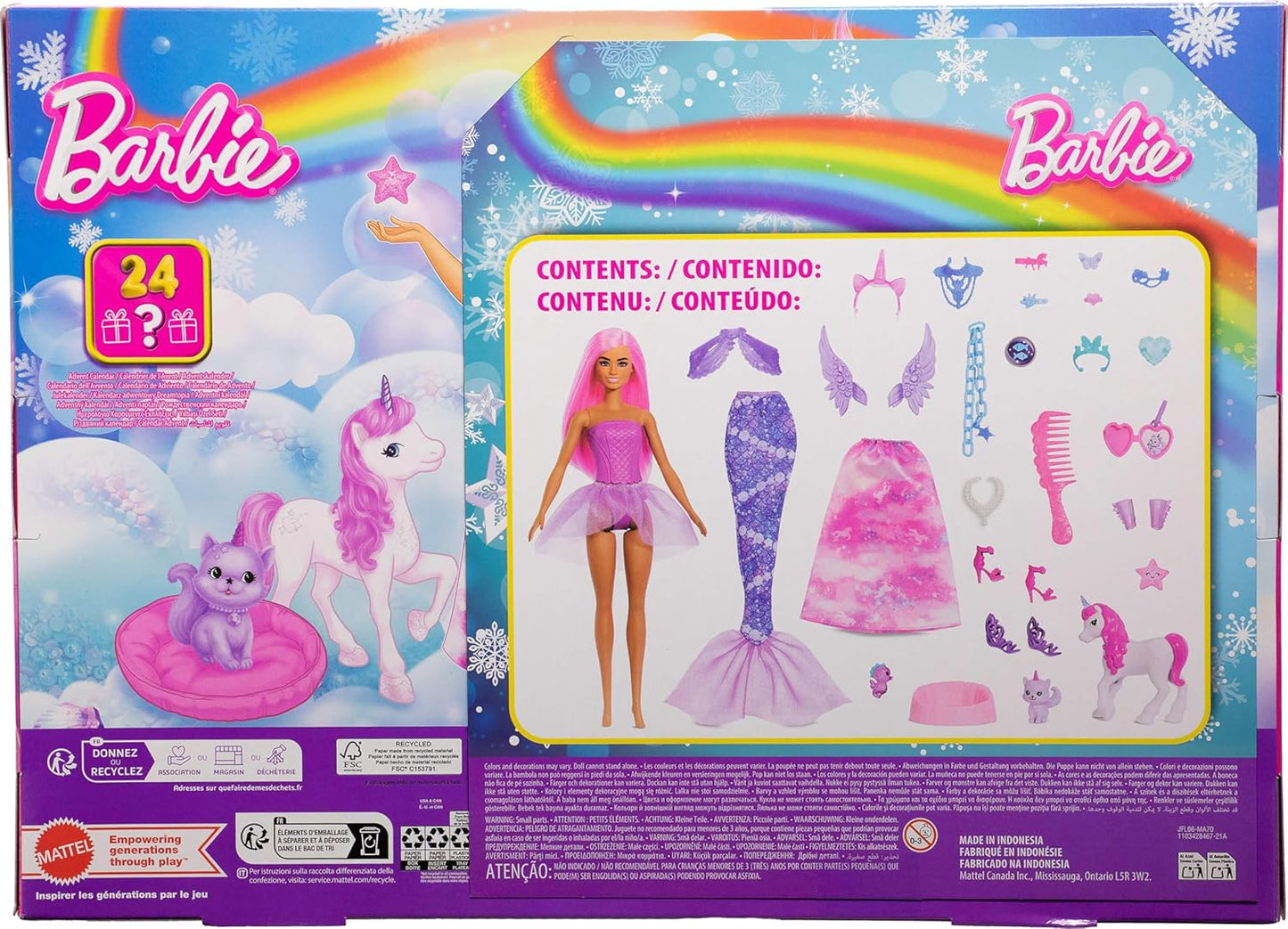Barbie Calendário do Advento da com boneca e 24 acessórios surpresa, incluindo unicórnio e animais de estimação. Transforme a boneca em sereia, fada e muito mais! JFL66