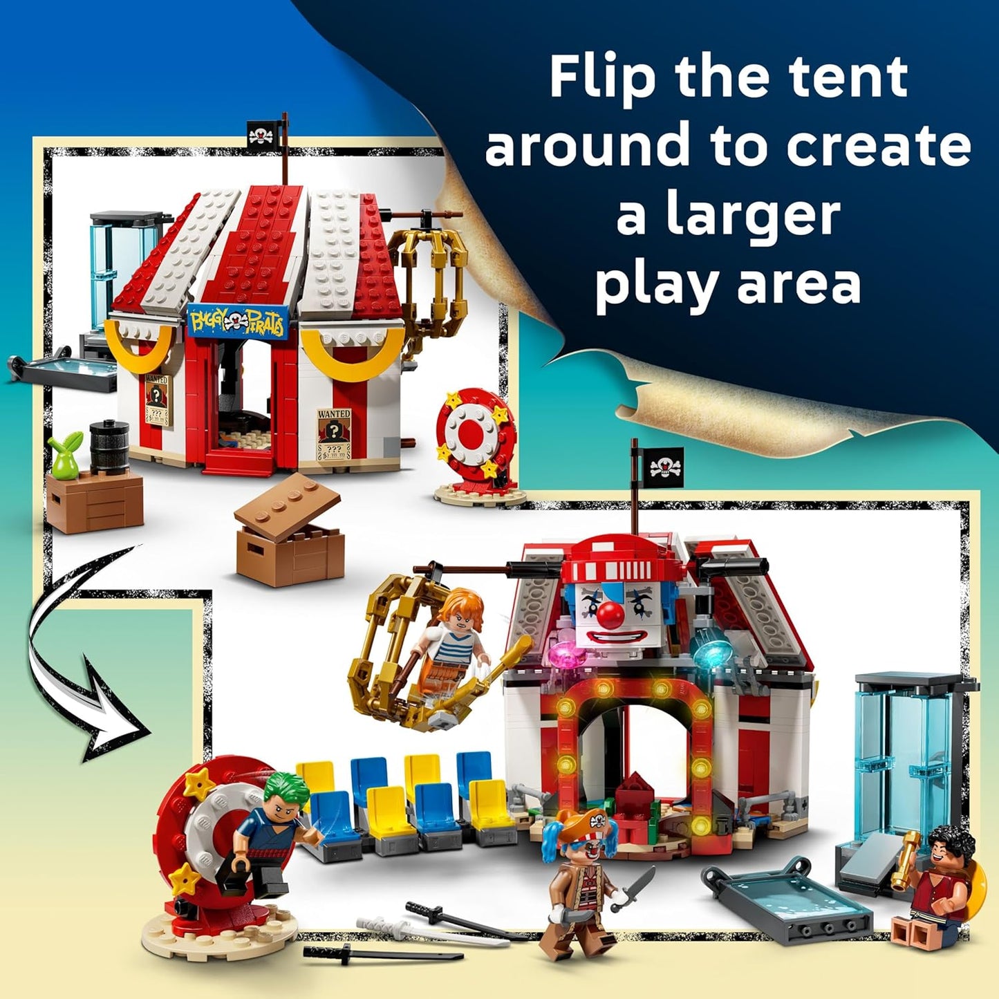 LEGO ONE PIECE Tenda de Circo do Buggy, o Palhaço - Brinquedo Interativo com 4 Minifiguras, incluindo Luffy, Nami e Zoro, além de 2 Cartazes de Procurado - Presente de Anime para Meninos, Meninas e Fãs a partir de 8 Anos - 75637
