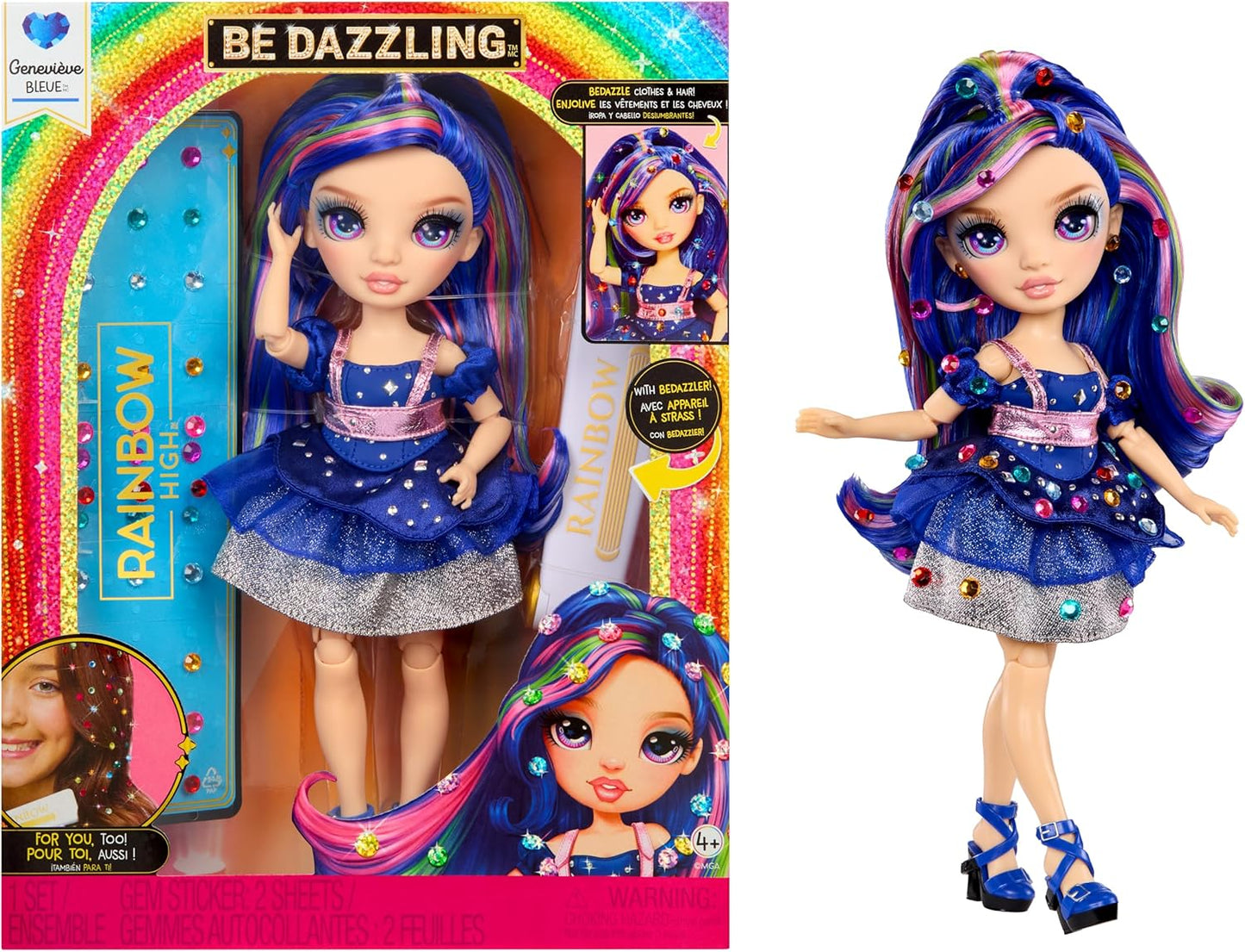 Rainbow High Be Dazzling - Genevieve Bleue - Boneca Fashion Azul de 28cm com Ferramenta para Aplicar Brilho, Gemas Brilhantes e Acessórios de Estilo