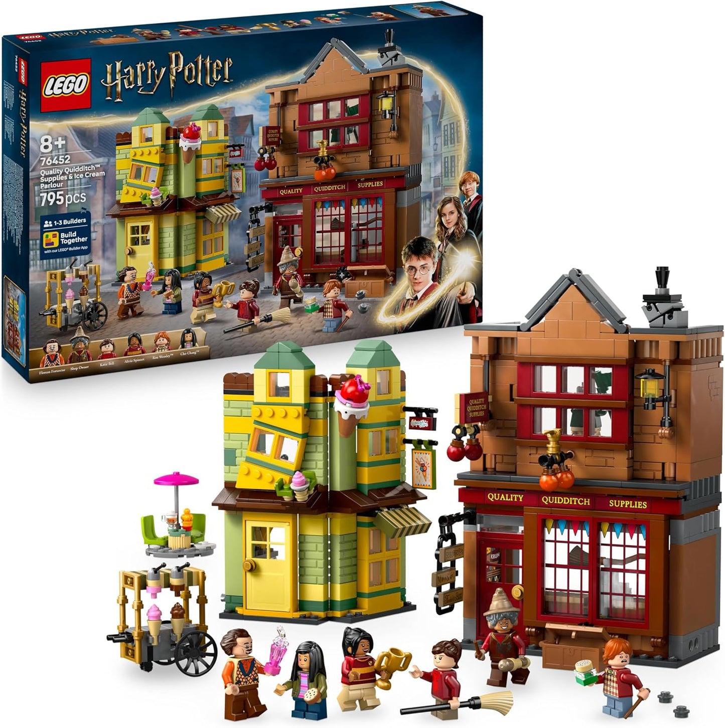 LEGO Conjunto Harry Potter Artigos de Quadribol de Qualidade e Sorveteria com 2 Brinquedos da Loja do Beco Diagonal, 6 Minifiguras e Acessórios, incluindo uma Vassoura Nimbus 2000 - Presente para Meninos e Meninas a partir de 8 Anos - 76452