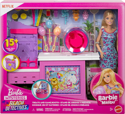 Barbie Mysteries: Detetives da Praia Malibu - Boneca e Barraca de Algodão Doce com 20 Acessórios, incluindo Prêmios, JFV67
