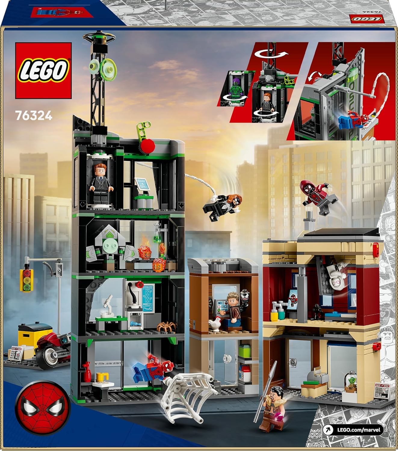 LEGO ǀ Marvel Homem-Aranha vs. Oscorp - Brinquedo interativo com uma moto, 8 minifiguras incluindo Miles Morales e Duende Verde - Presente colecionável de super-herói para meninos e fãs a partir de 10 anos - 76324