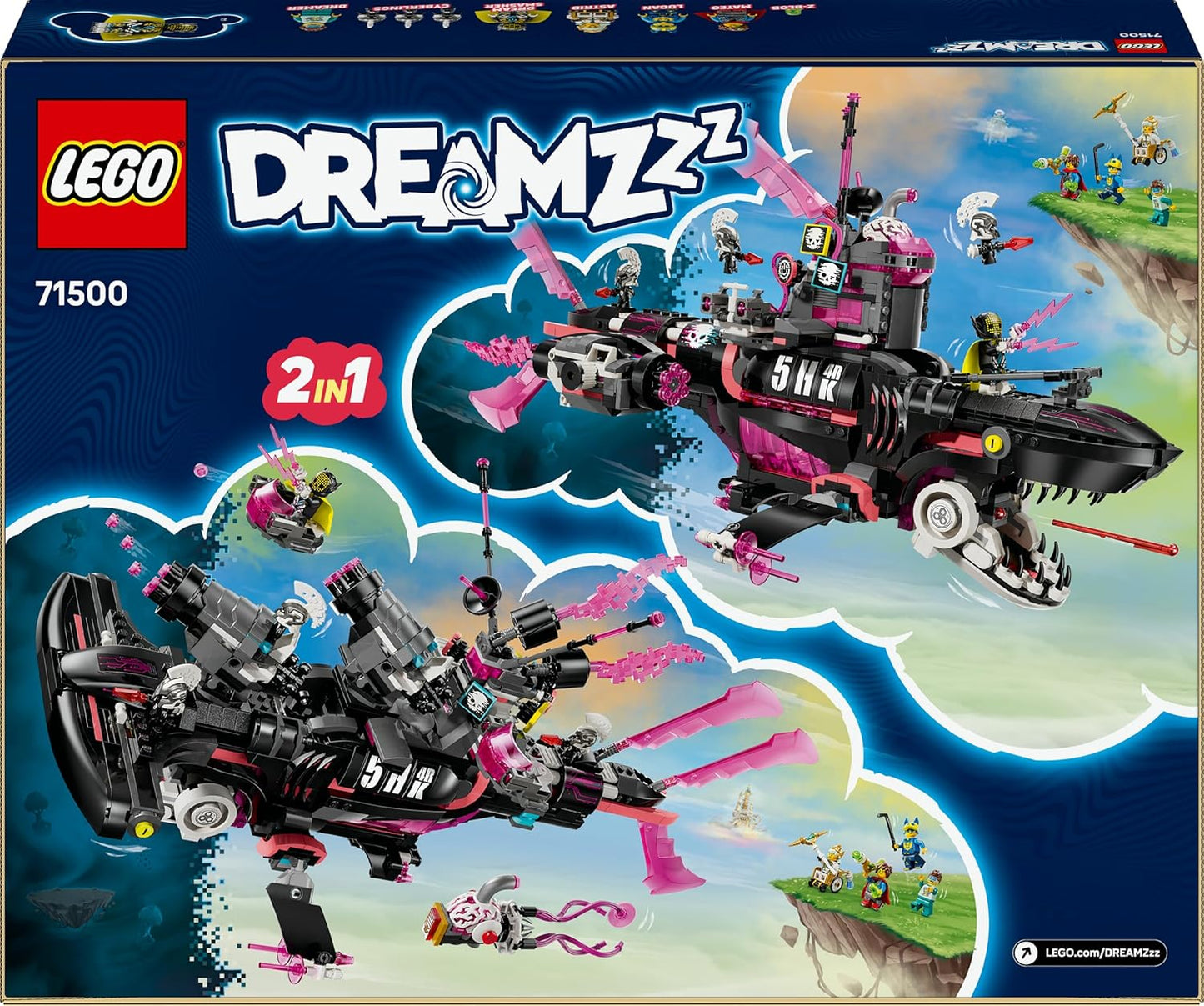 LEGO DREAMZzz 2 em 1 Nightmare Shark Submarino - Conjunto Modular com 2 Opções de Construção, 2 Aviões Destacáveis e 5 Minifiguras, incluindo Mateo e Astrid - Presente Criativo para Meninos e Meninas a partir de 9 Anos - 71500