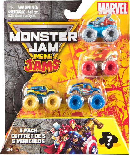Monster Jam, Marvel Mini Pacote Oficial com 5 Miniaturas e Caminhão Monstro Colecionável Misterioso, Escala 1:87, Brinquedos Surpresa para Crianças a partir de 3 Anos
