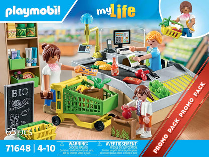 Playmobil 71648 MyLife: pacote promocional de supermercado orgânico, incluindo caixa com esteira transportadora, carrinho de compras e três figuras, conjuntos de jogos detalhados adequados para crianças de 4 anos ou mais