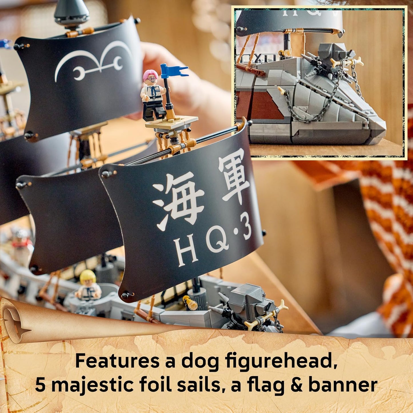 LEGO ONE PIECE Navio de Guerra da Marinha do Garp – Kit de Modelo de Barco com 8 Minifiguras (incluindo Zoro, Usopp e Nami) – Decoração para Quarto Infantil – Presente para Meninos, Meninas e Fãs a partir de 9 Anos – 75646