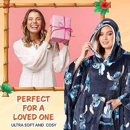 Disney Stitch Blanket Hoodie para mulheres e adolescentes - Poncho de lã grande e aconchegante, tamanho único, capuz Sherpa - Stitch Gifts Navy