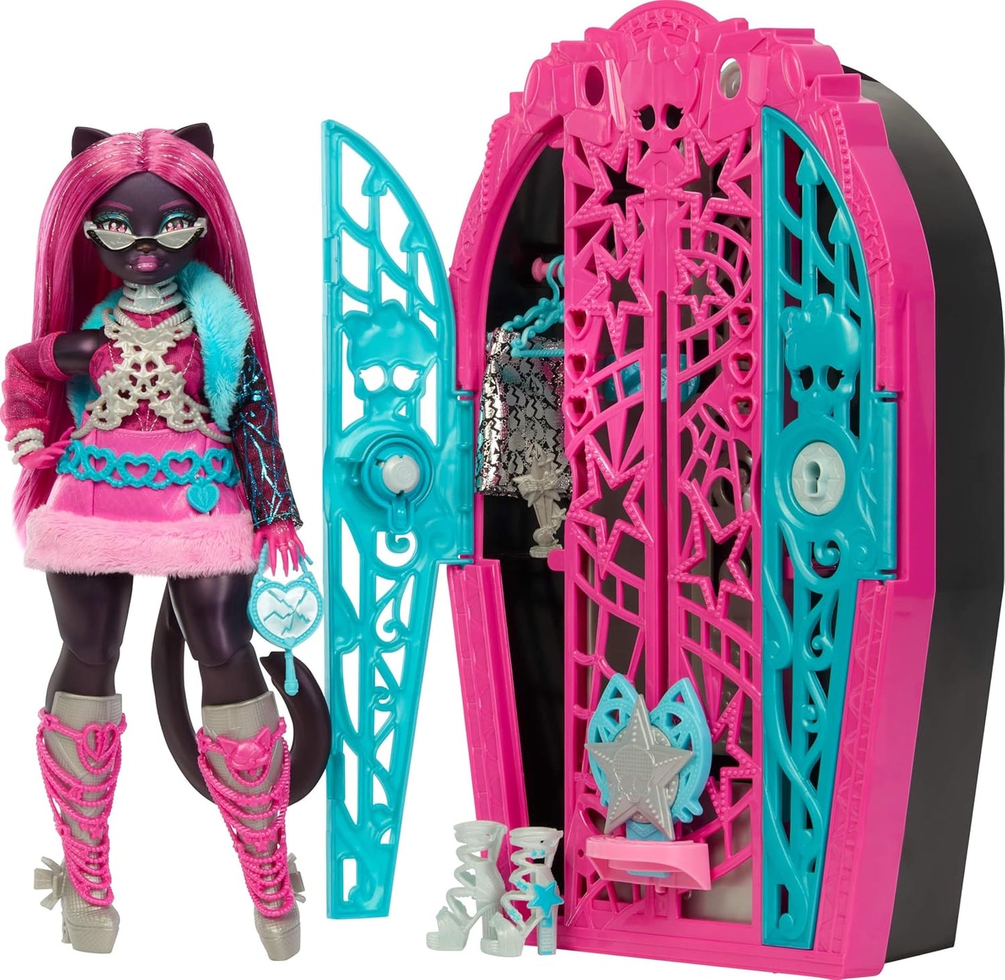 Monster High Skulltimate Secrets: Boneca e Acessórios, Catty Noir da linha Hauntlywood Mysteries com Closet Revelado e mais de 19 Surpresas Glamourosas, como Roupas para Boneca, JBG82