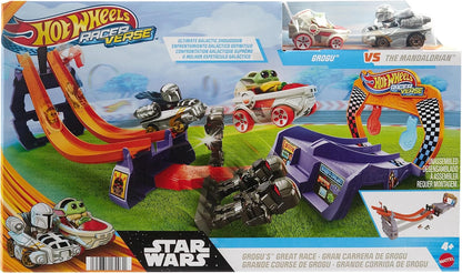Hot Wheels RacerVerse, Conjunto de Pista de Corrida Grogu's Great Race, Conjunto de Pista Star Wars com Carrinhos Hot Wheels de Metal Fundido Inspirados em Star Wars: Grogu e The Mandalorian, HPL32