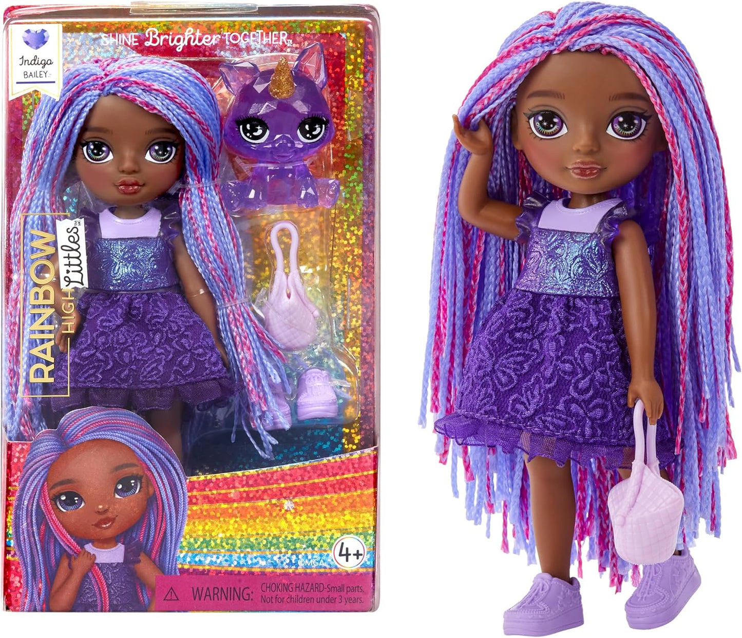 Rainbow High Littles - Indigo Bailey - Boneca Fashion Pequena e Articulada - Boneca roxa de 14 cm de altura com bolsa e raposa mágica de descanso - Ideal para crianças e colecionadores.