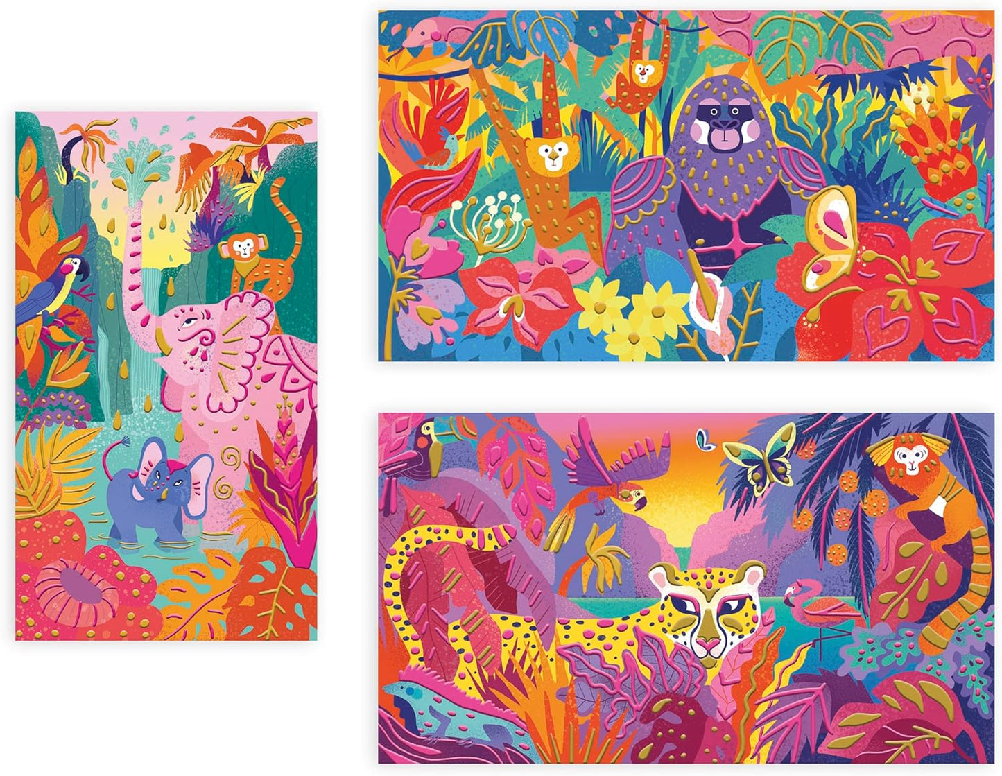 Janod Pintura 3D - Tema Selva - Les Ateliers du Calme - Kit de Ocio Creativo Infantil - Pintura Dorada y Rosa Neón para Niños - Estimula la Motricidad Fina y la Concentración - A partir de 7 años