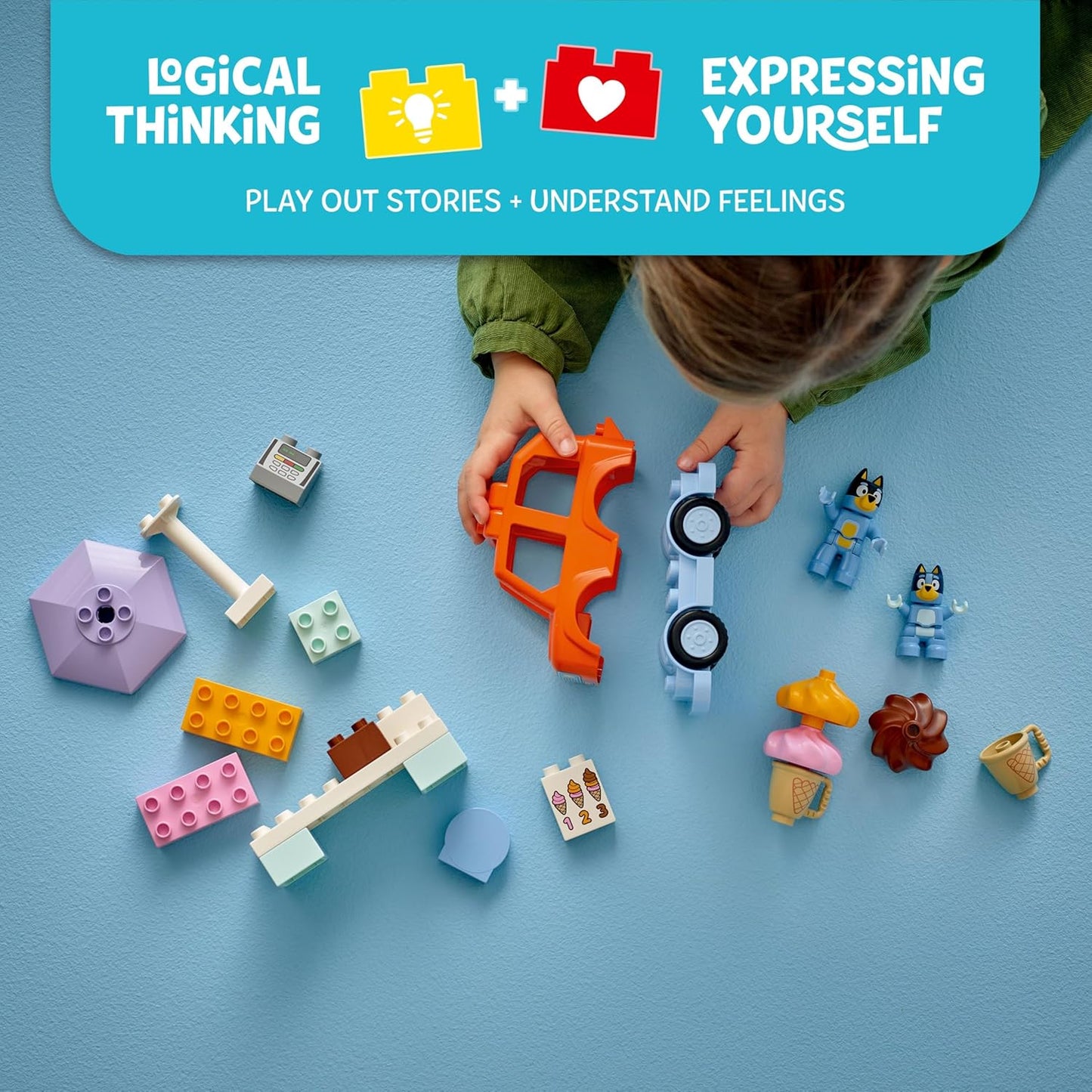 LEGO 10458 DUPLO Bluey: Viagem de Sorvete com Bluey - Brinquedo Educativo de Habilidades Motoras para Crianças, com Carrinho de Brinquedo e Suporte de Sorvete, além de 2 Figuras, incluindo Bandit - Presente para Meninas e Meninos a partir de 2 Anos -