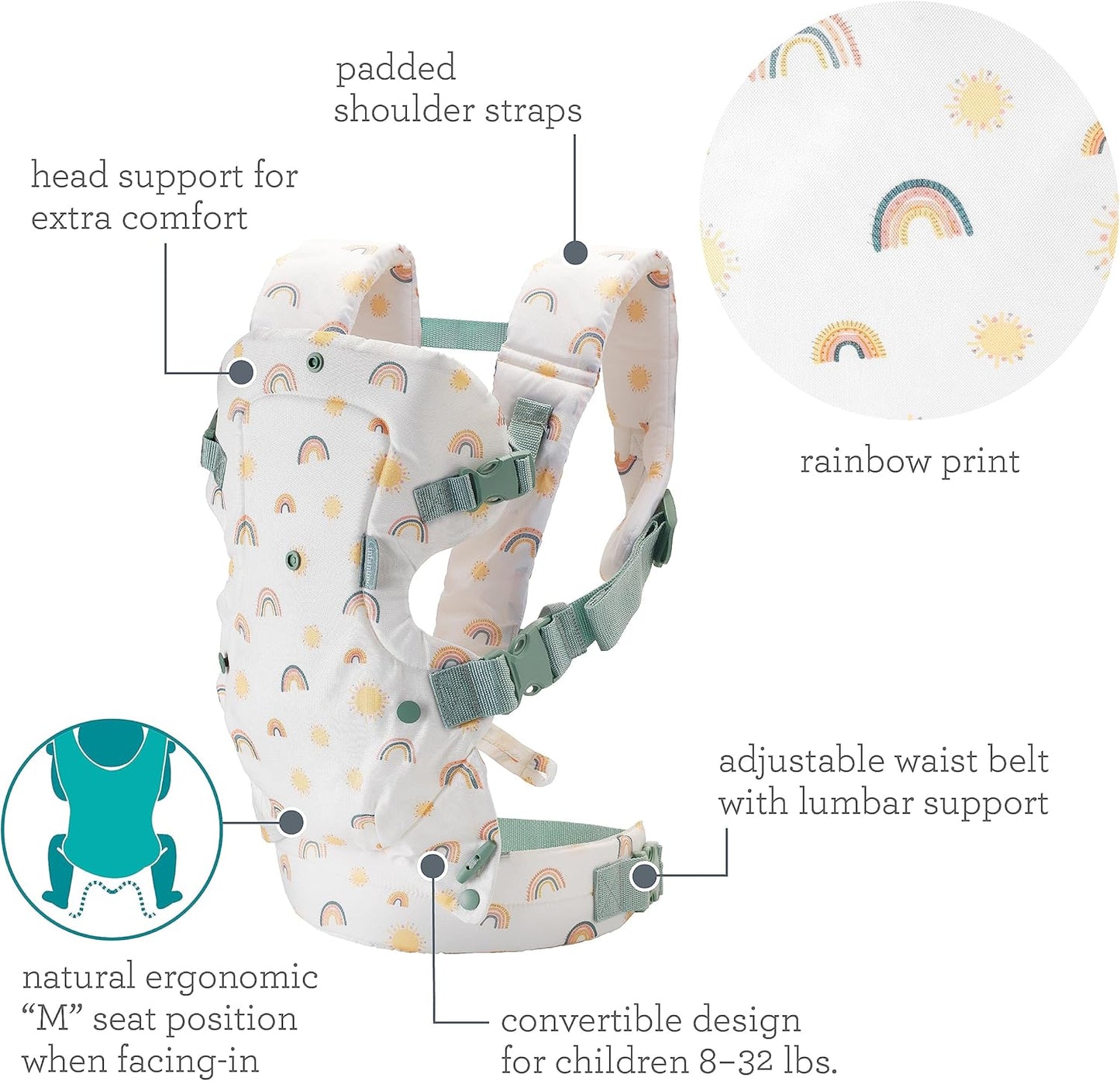 Infantino Canguru Flip Advanced 4 em 1 - Ergonômico, conversível, para uso com o bebê virado para dentro ou para fora, para uso na frente e nas costas, para recém-nascidos e crianças de 3,6 a 14,5 kg, Arco-íris