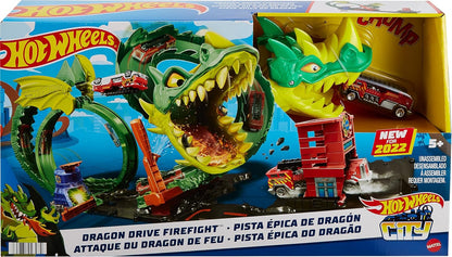 Conjunto de Pista Hot Wheels com Caminhão de Bombeiros de Brinquedo em Escala 1:64, Estação de Bombeiros da Cidade com Dragão Nemesis e Pista de Brincadeira, Combate de Incêndio Dragon Drive, HDP03