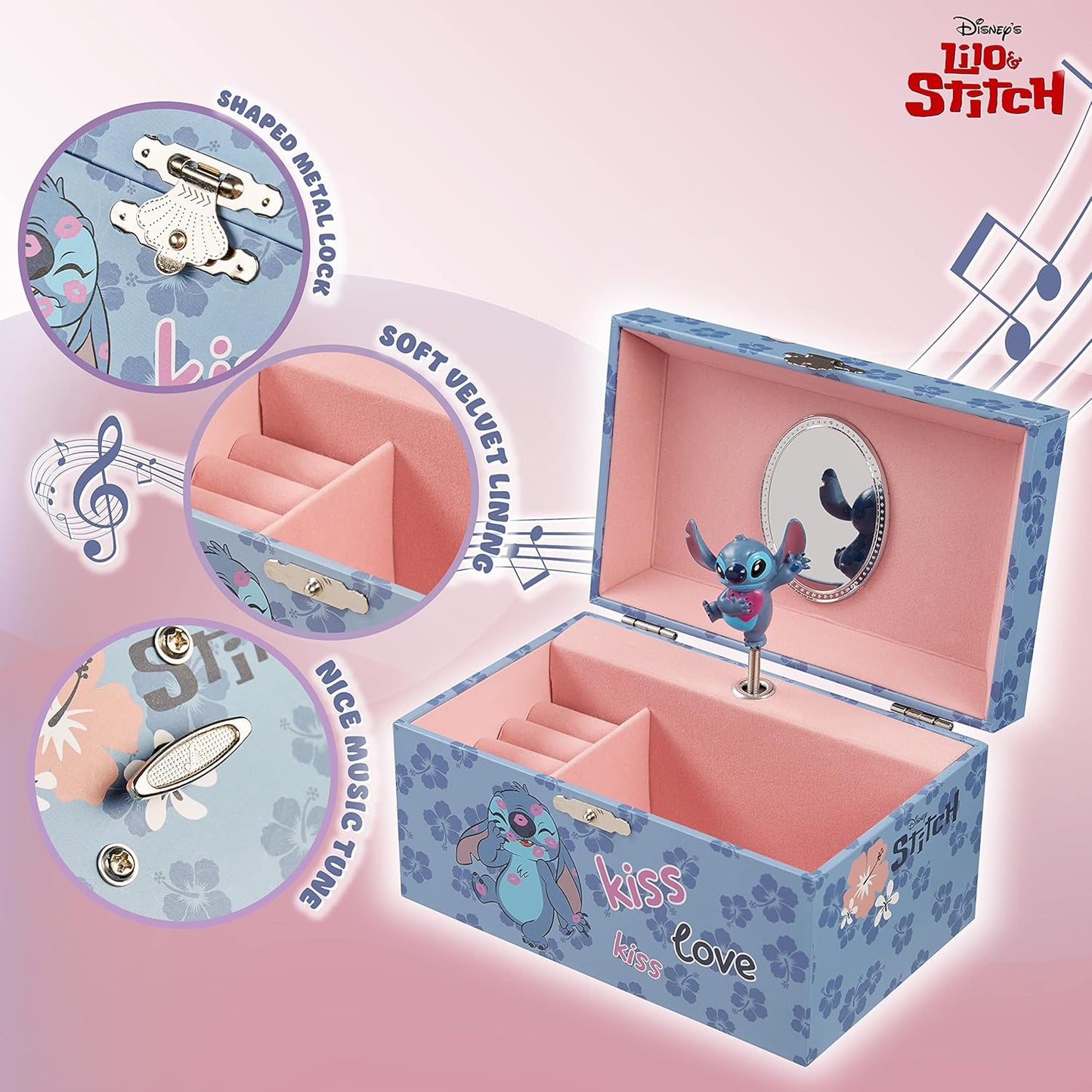 Disney - Musical Stitch & Angel Jewellery Box para meninas | Oficialmente licenciado | Melodia mágica de corda, boneco giratório | 18,5 cm C x 12 cm L x 10 cm P, azul, tamanho único, plástico