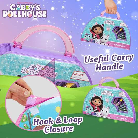 Gabby's Dollhouse Conjunto de Arte para Meninas com Lápis de Cor, Tintas, Canetas de Ponta de Feltro, Material Escolar e Artesanato para Crianças, Ideal para Pré-Escola e Viagens, Conjunto de Presente com Mais de 40 Peças