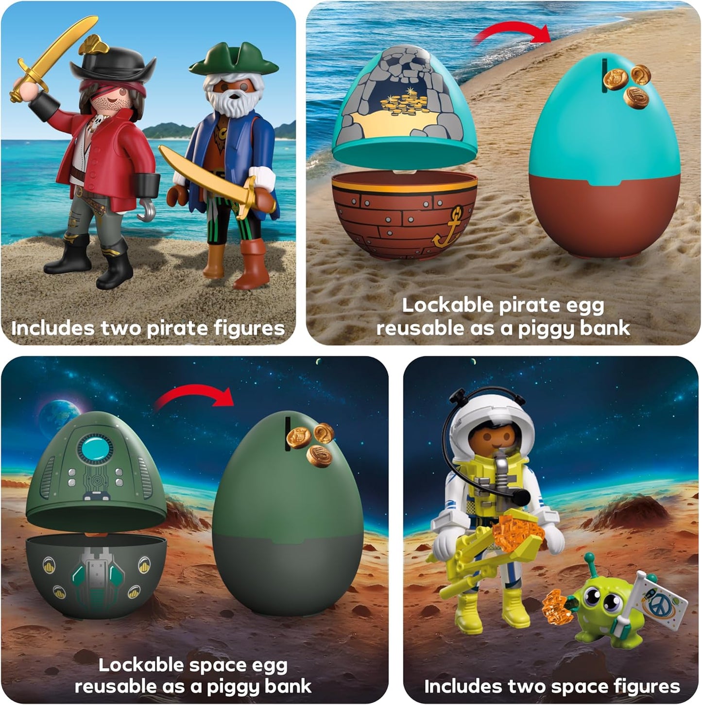 Playmobil Conjunto Play Egg Piratas e Espaço | 2 Ovos Surpresa com Bonecos e Acessórios | Mini Mundo para Montar | Reutilizável como Cofre | Presente de Páscoa para Crianças a partir de 4 Anos | 210447