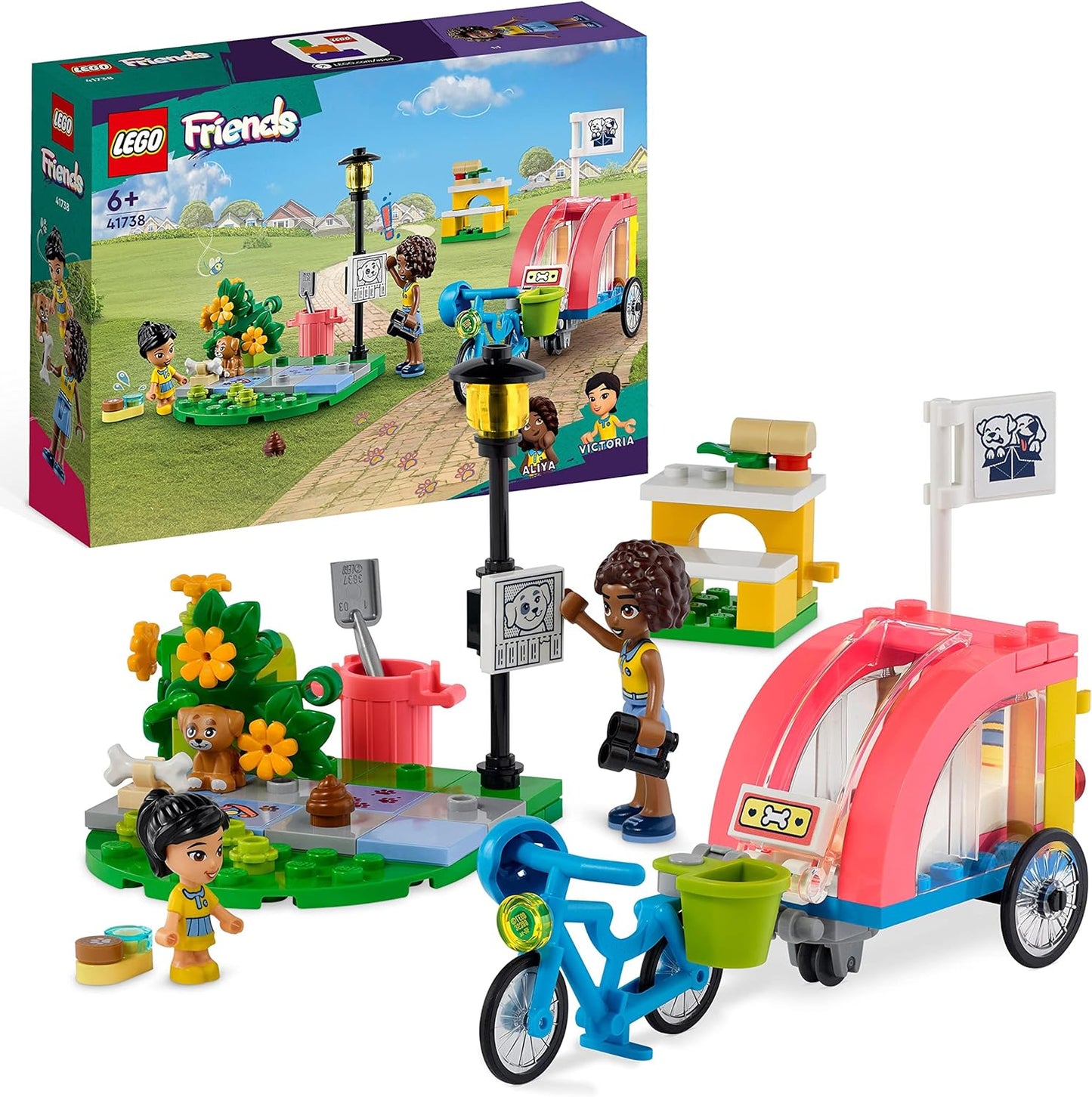 LEGO 41738 Conjunto de brinquedos para bicicleta de resgate de cães Friends, conjunto de animais para crianças, meninas e meninos de 6 anos ou mais com figura de cachorrinho e 2 minibonecos, personagens da série 2023