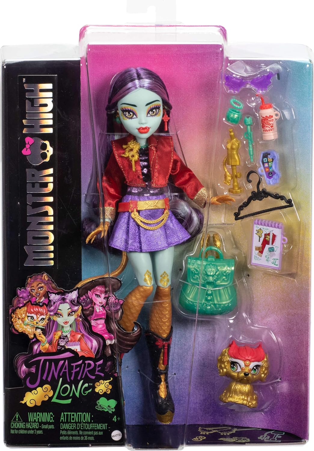 Monster High Boneca Jinafire Long, Dragão com o cachorro de estimação Cloudy “Yun Yun” e 7 acessórios como bloco de desenho, iogurte, mochila e muito mais, HYV58