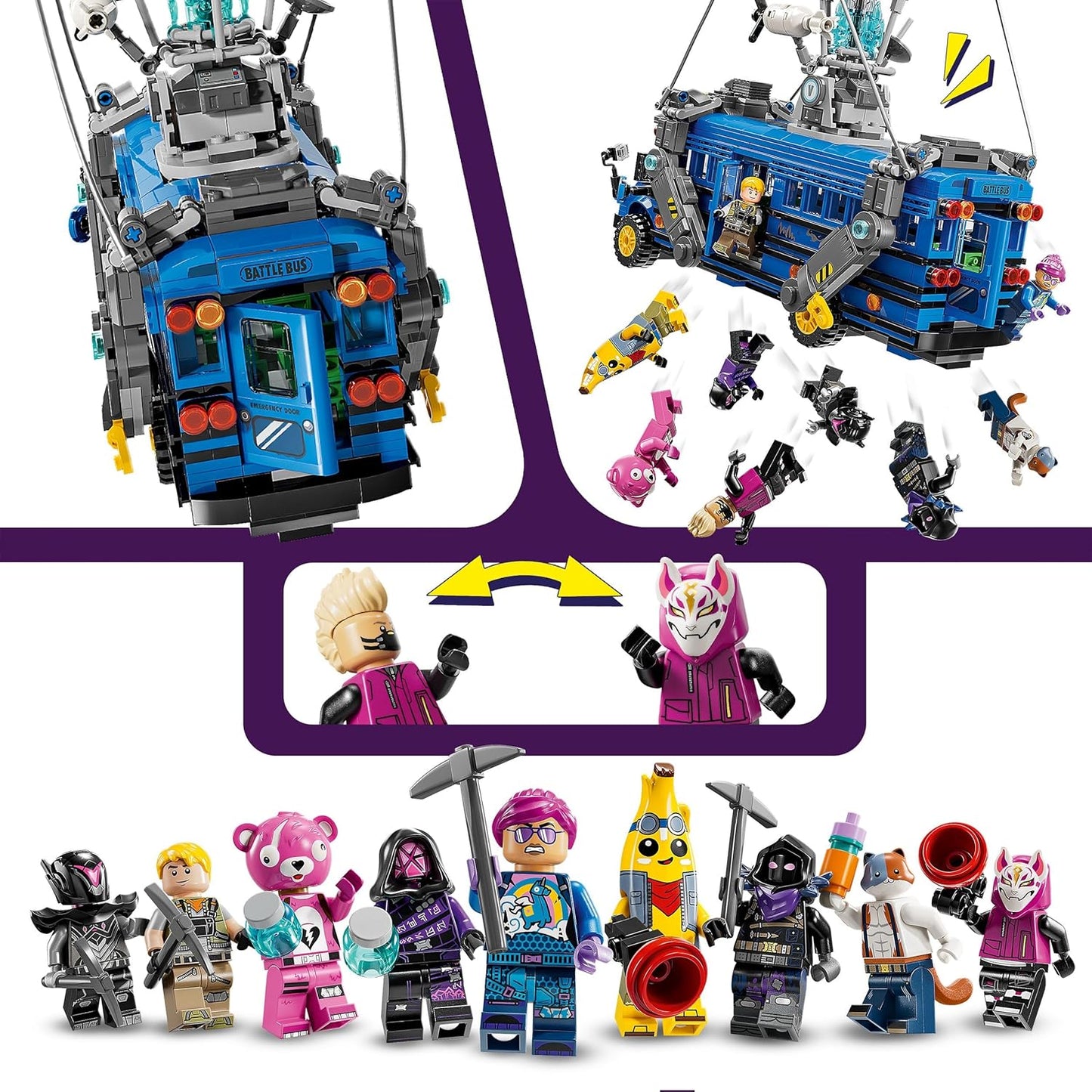 LEGO Conjunto de ônibus de batalha Fortnite, veículo de videogame colecionável para meninos e meninas, com minifiguras de 9 personagens, presente para jogadores e fãs com 10 anos ou mais