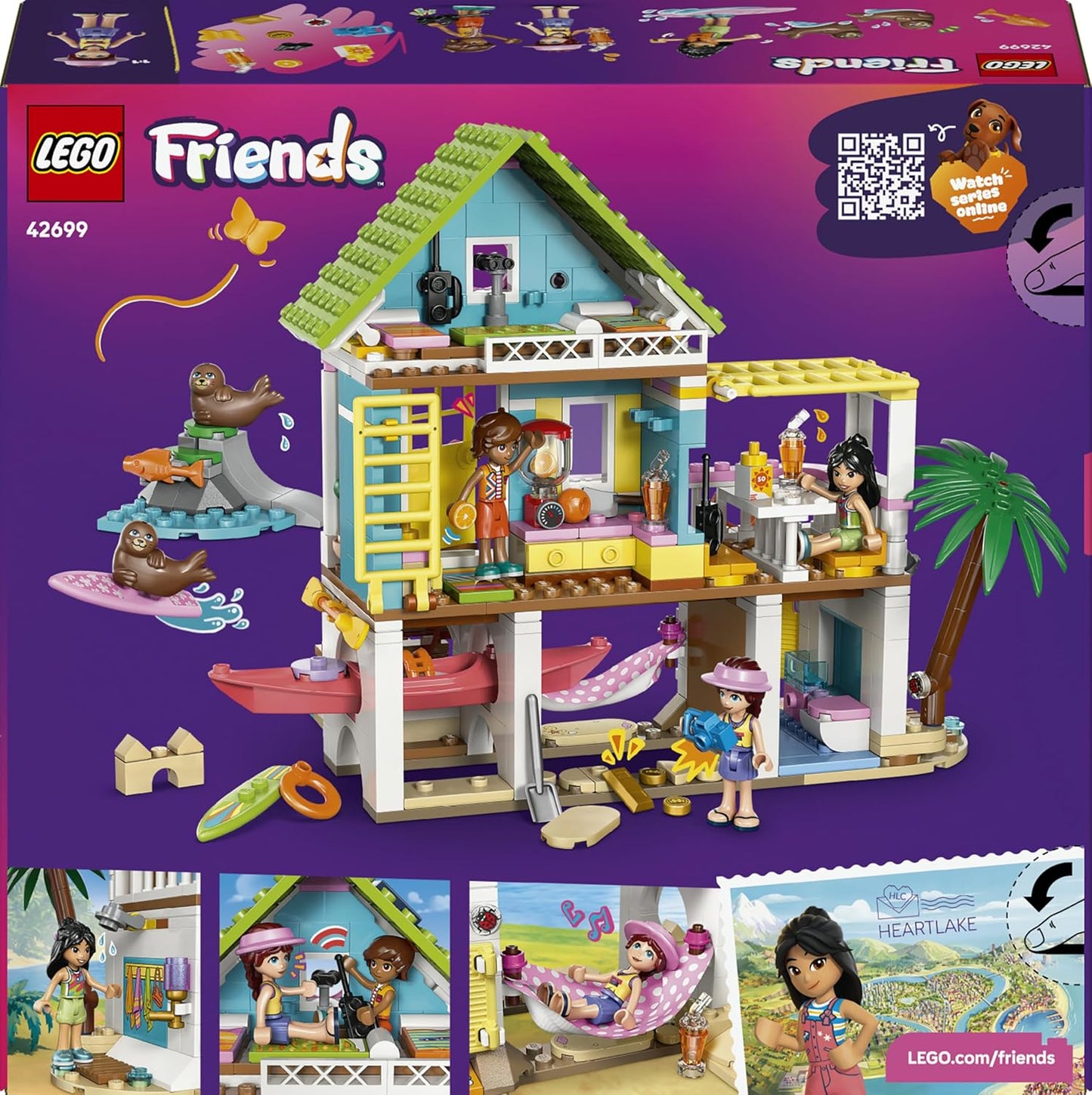 LEGO Friends Casa de Praia com Focas - Conjunto de Brinquedo em Miniatura com 3 Mini Bonecas, 2 Figuras de Animais Marinhos e Acessórios, incluindo Prancha de Surf e Caiaque - Presente de Aniversário para Meninas a partir de 7 Anos - 42699