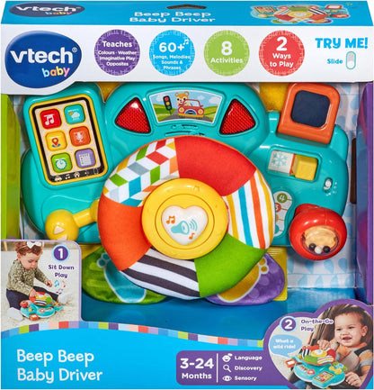 VTech Baby Beep Beep Baby Driver, brinquedo de volante com atividades, músicas e frases, 6 botões interativos, recursos manipulativos e texturas, para bebês de 3, 6, 9, 12, 24 meses +, versão em inglês